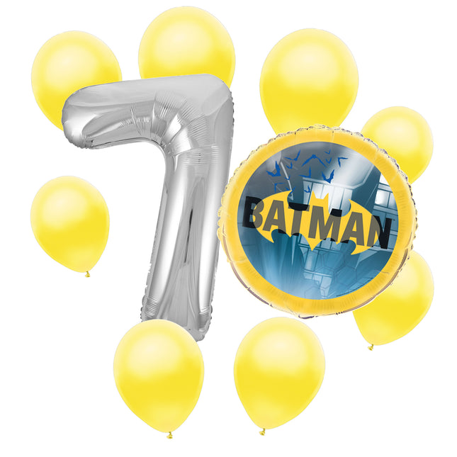 Batman 7th birthday set main: number 7 foil, themed foil and 8 matching latex balloons
