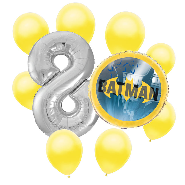 Batman 8th birthday set main: number 8 foil, themed foil and 8 matching latex balloons