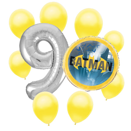 Batman 9th birthday set main: number 9 foil, themed foil and 8 matching latex balloons