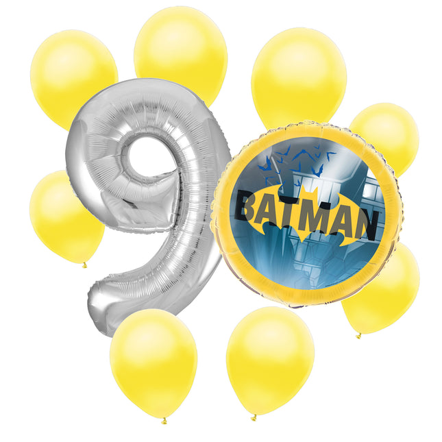 Batman 9th birthday set main: number 9 foil, themed foil and 8 matching latex balloons