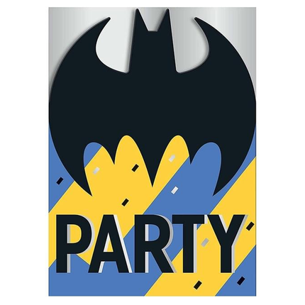 Batman-themed party sign with black bat symbol, yellow 'PARTY' text, and blue and yellow striped background.