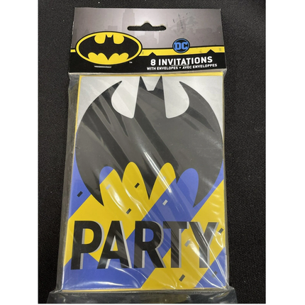 Pack of Batman-themed party invitations with envelopes on a black background