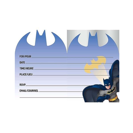 Batman-themed invitation card with character and fillable text fields on a white background