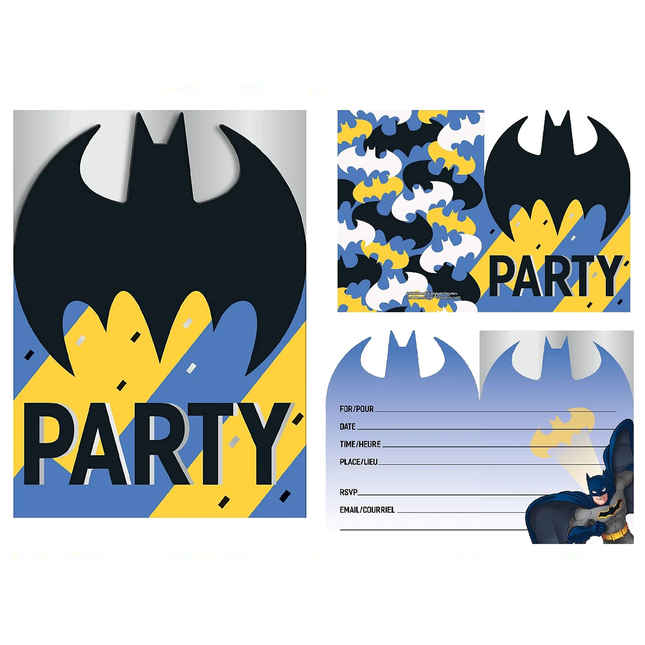 Batman-themed party invitations with bat symbol and 'PARTY' text on a white background.