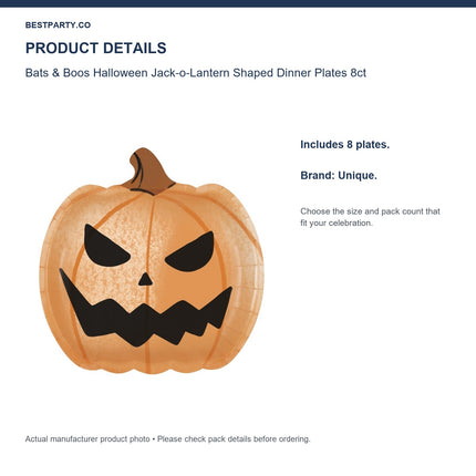 Bats & Boos Halloween Jack-o-Lantern Shaped Dinner Plates 8ct — size and pack information