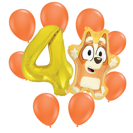 Bingo 4th birthday set main: number 4 foil, themed foil and 8 matching latex balloons