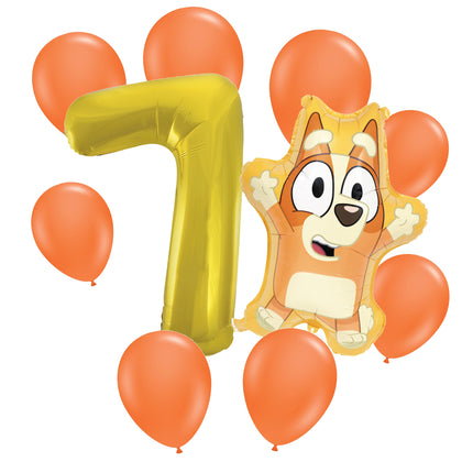 Bingo 7th birthday set main: number 7 foil, themed foil and 8 matching latex balloons