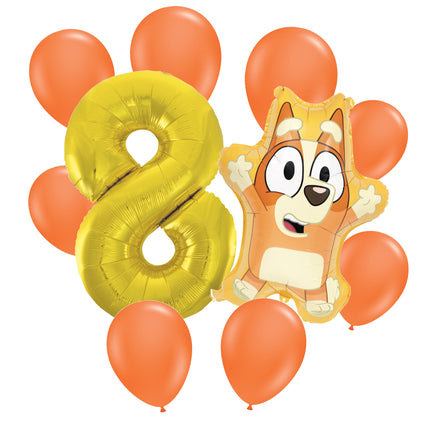 Bingo 8th birthday set main: number 8 foil, themed foil and 8 matching latex balloons