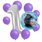 Black Panther 1st birthday set main: number 1 foil, themed foil and 8 matching latex balloons