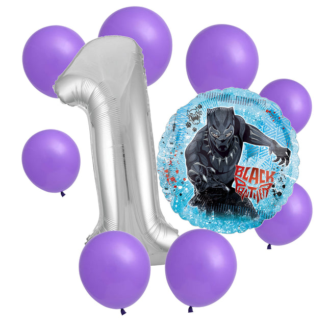 Black Panther 1st birthday set main: number 1 foil, themed foil and 8 matching latex balloons