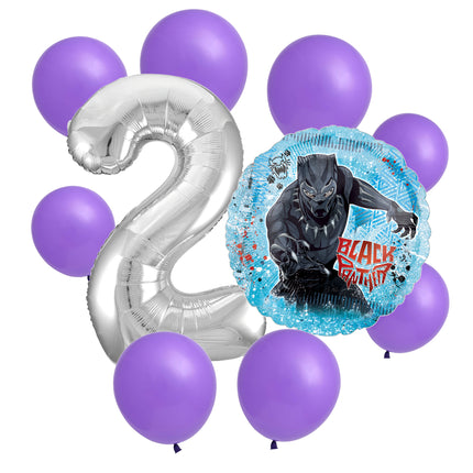 Black Panther 2nd birthday set main: number 2 foil, themed foil and 8 matching latex balloons