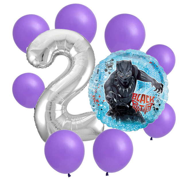 Black Panther 2nd birthday set main: number 2 foil, themed foil and 8 matching latex balloons