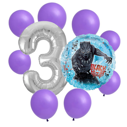 Black Panther 3rd birthday set main: number 3 foil, themed foil and 8 matching latex balloons