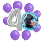 Black Panther 4th birthday set main: number 4 foil, themed foil and 8 matching latex balloons