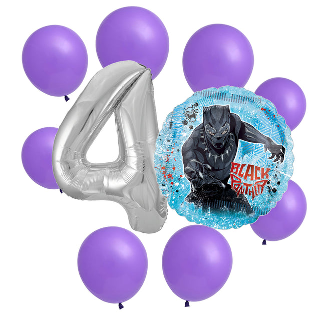 Black Panther 4th birthday set main: number 4 foil, themed foil and 8 matching latex balloons