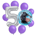 Black Panther 5th birthday set main: number 5 foil, themed foil and 8 matching latex balloons