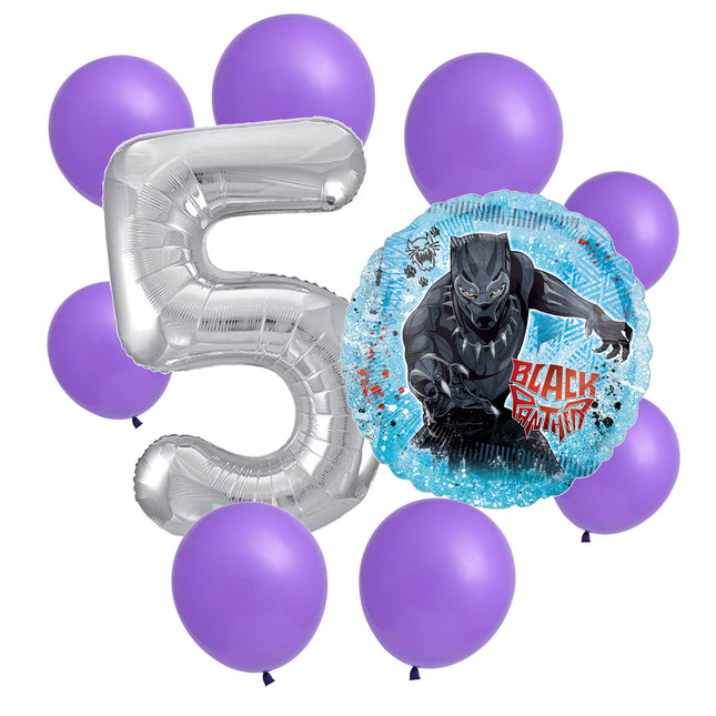 Black Panther 5th birthday set main: number 5 foil, themed foil and 8 matching latex balloons