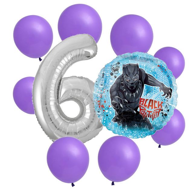 Black Panther 6th birthday set main: number 6 foil, themed foil and 8 matching latex balloons