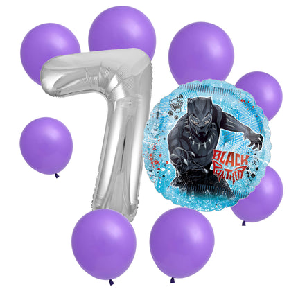 Black Panther 7th birthday set main: number 7 foil, themed foil and 8 matching latex balloons