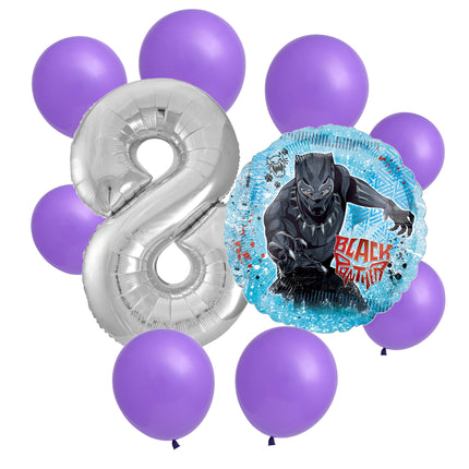 Black Panther 8th birthday set main: number 8 foil, themed foil and 8 matching latex balloons