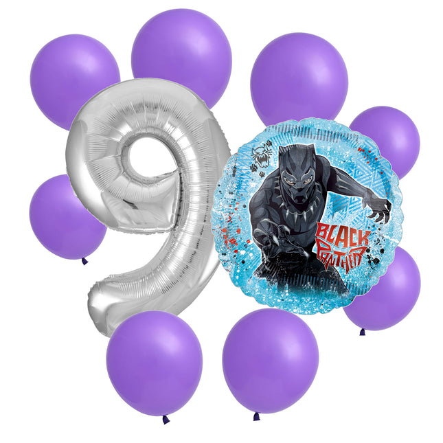 Black Panther 9th birthday set main: number 9 foil, themed foil and 8 matching latex balloons