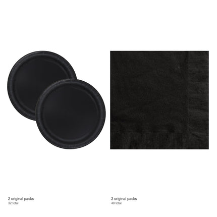 Black Solid Dinner Plates and Napkins Set for 32 Guests - included packs and quantities