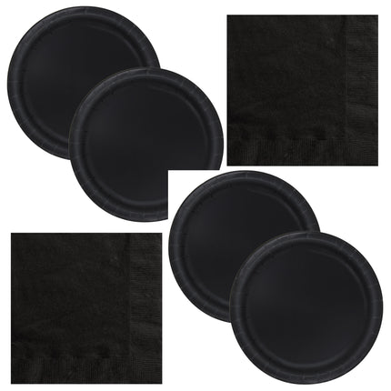 Black Solid Dinner Plates and Napkins Set for 32 Guests - set overview