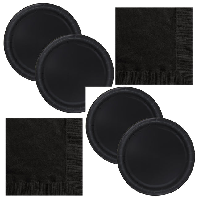 Black Solid Dinner Plates and Napkins Set for 32 Guests - set overview