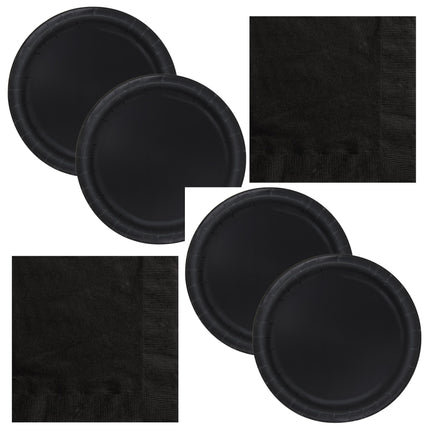 Black Solid Dinner Plates and Napkins Set for 16 Guests - set overview