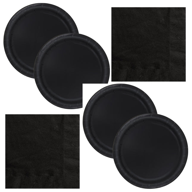 Black Solid Dinner Plates and Napkins Set for 16 Guests - set overview