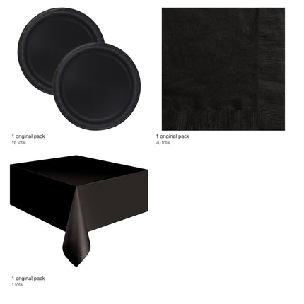Black Solid Plates, Napkins and Tablecloth Set for 16 Guests - included packs and quantities