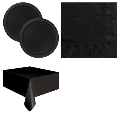 Black Solid Plates, Napkins and Tablecloth Set for 16 Guests - set overview