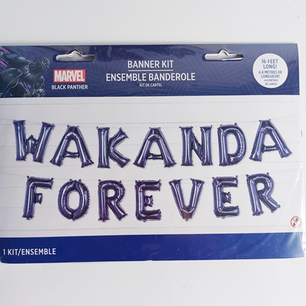 Packaged 'Wakanda Forever' banner kit with Marvel Black Panther branding on a white background.