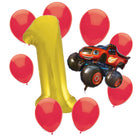 Blaze 1st birthday set main: number 1 foil, themed foil and 8 matching latex balloons