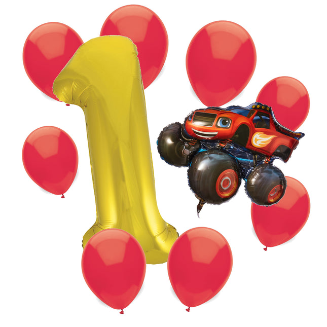 Blaze 1st birthday set main: number 1 foil, themed foil and 8 matching latex balloons