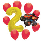 Blaze 2nd birthday set main: number 2 foil, themed foil and 8 matching latex balloons