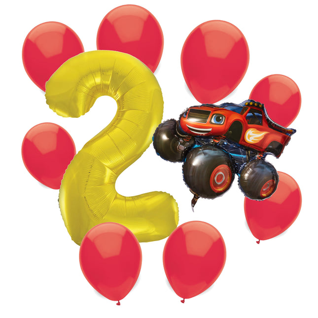 Blaze 2nd birthday set main: number 2 foil, themed foil and 8 matching latex balloons