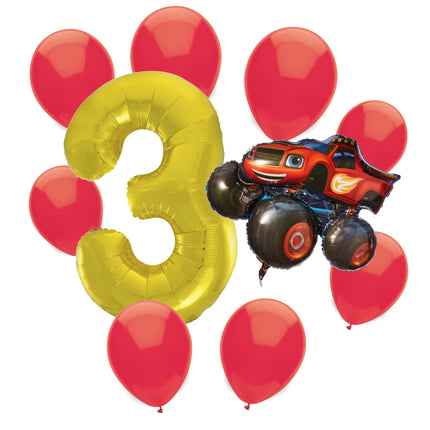 Blaze 3rd birthday set main: number 3 foil, themed foil and 8 matching latex balloons