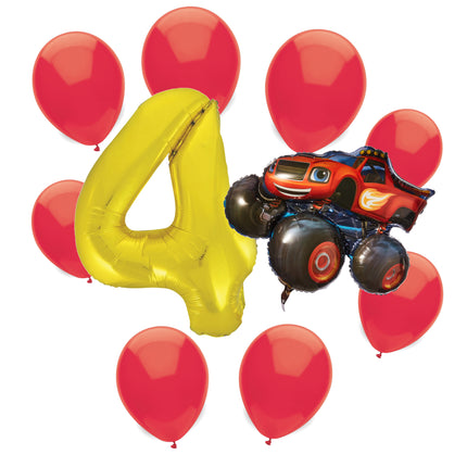 Blaze 4th birthday set main: number 4 foil, themed foil and 8 matching latex balloons