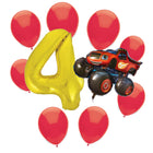 Blaze 4th birthday set main: number 4 foil, themed foil and 8 matching latex balloons