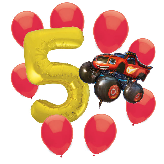 Blaze 5th birthday set main: number 5 foil, themed foil and 8 matching latex balloons
