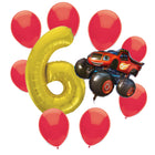 Blaze 6th birthday set main: number 6 foil, themed foil and 8 matching latex balloons