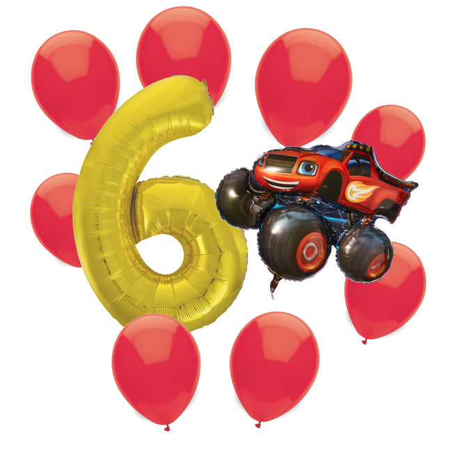 Blaze 6th birthday set main: number 6 foil, themed foil and 8 matching latex balloons