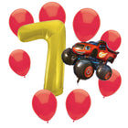 Blaze 7th birthday set main: number 7 foil, themed foil and 8 matching latex balloons