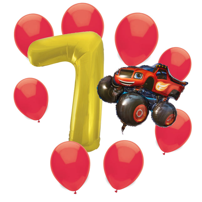 Blaze 7th birthday set main: number 7 foil, themed foil and 8 matching latex balloons