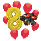 Blaze 8th birthday set main: number 8 foil, themed foil and 8 matching latex balloons