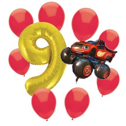 Blaze 9th birthday set main: number 9 foil, themed foil and 8 matching latex balloons