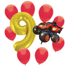 Blaze 9th birthday set main: number 9 foil, themed foil and 8 matching latex balloons