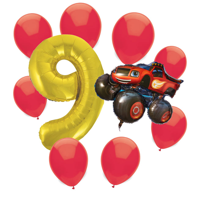 Blaze 9th birthday set main: number 9 foil, themed foil and 8 matching latex balloons