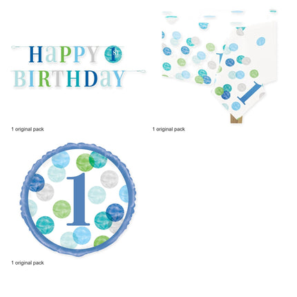 Blue Dots 1st Birthday Decoration Set - Banner, Tablecloth and Foil Balloon - original package contents